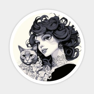 Woman and tabby cat (black and white) Magnet